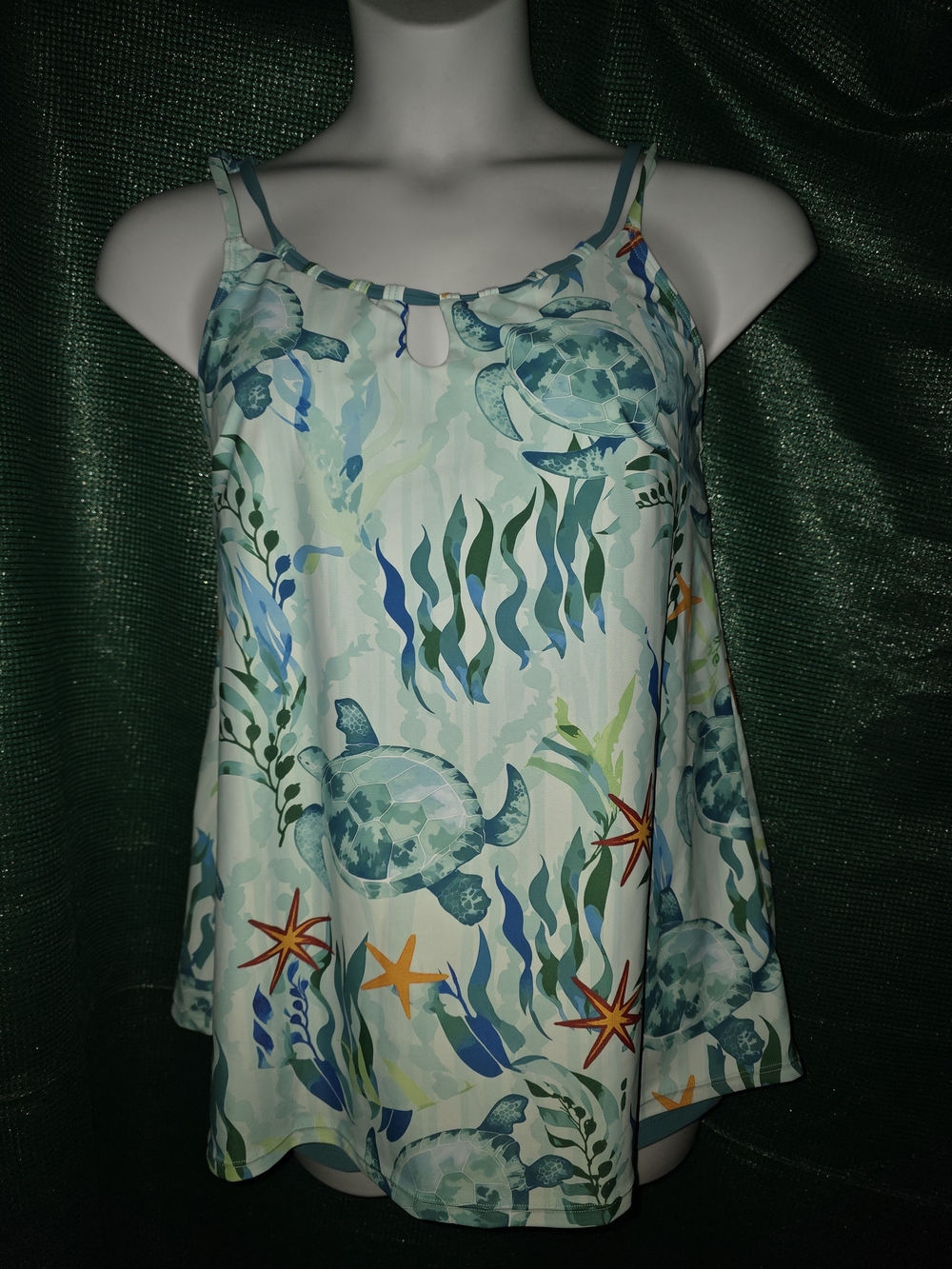Size Large Sea Turtle Print Tankini Set Swimsuit Top Teal - Picture 2 of 5